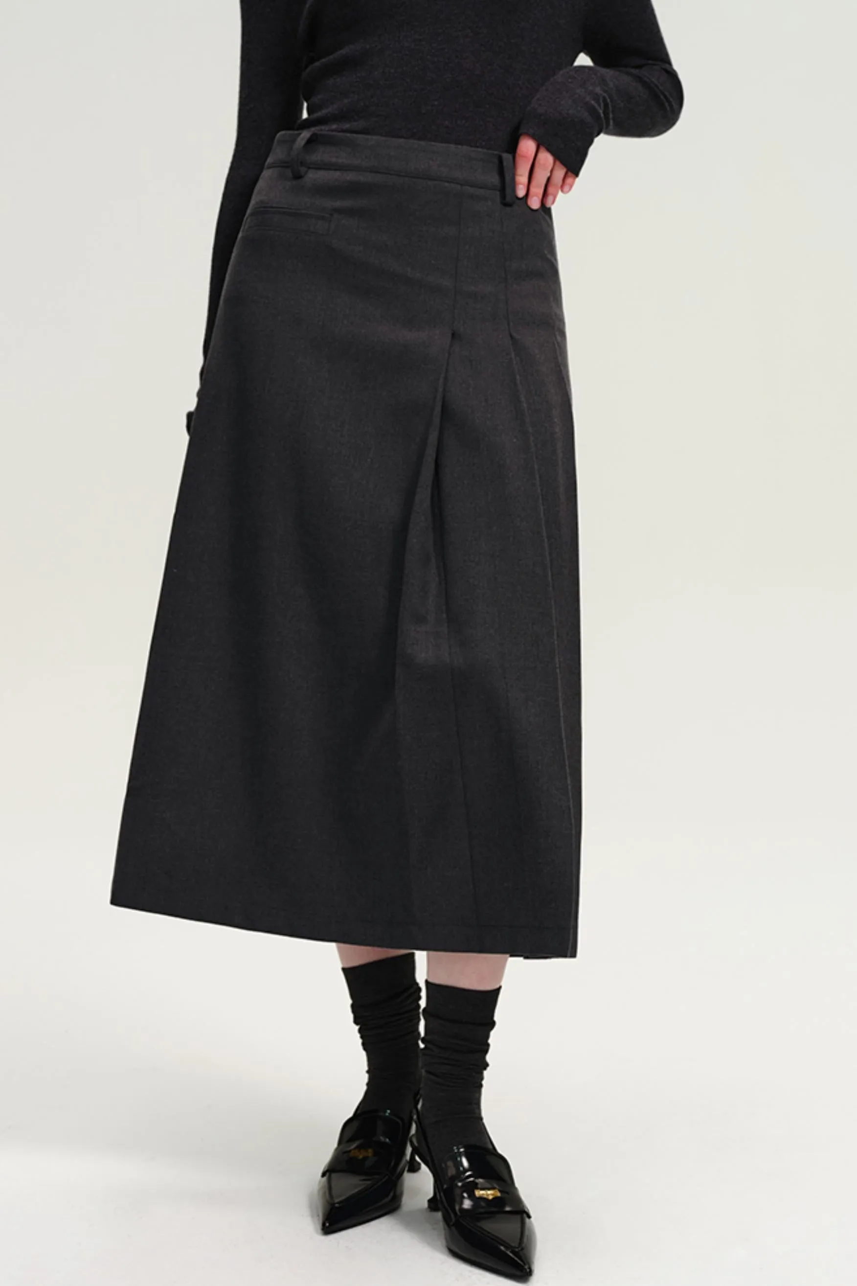 French Woolen High-Waisted Pleated Skirt