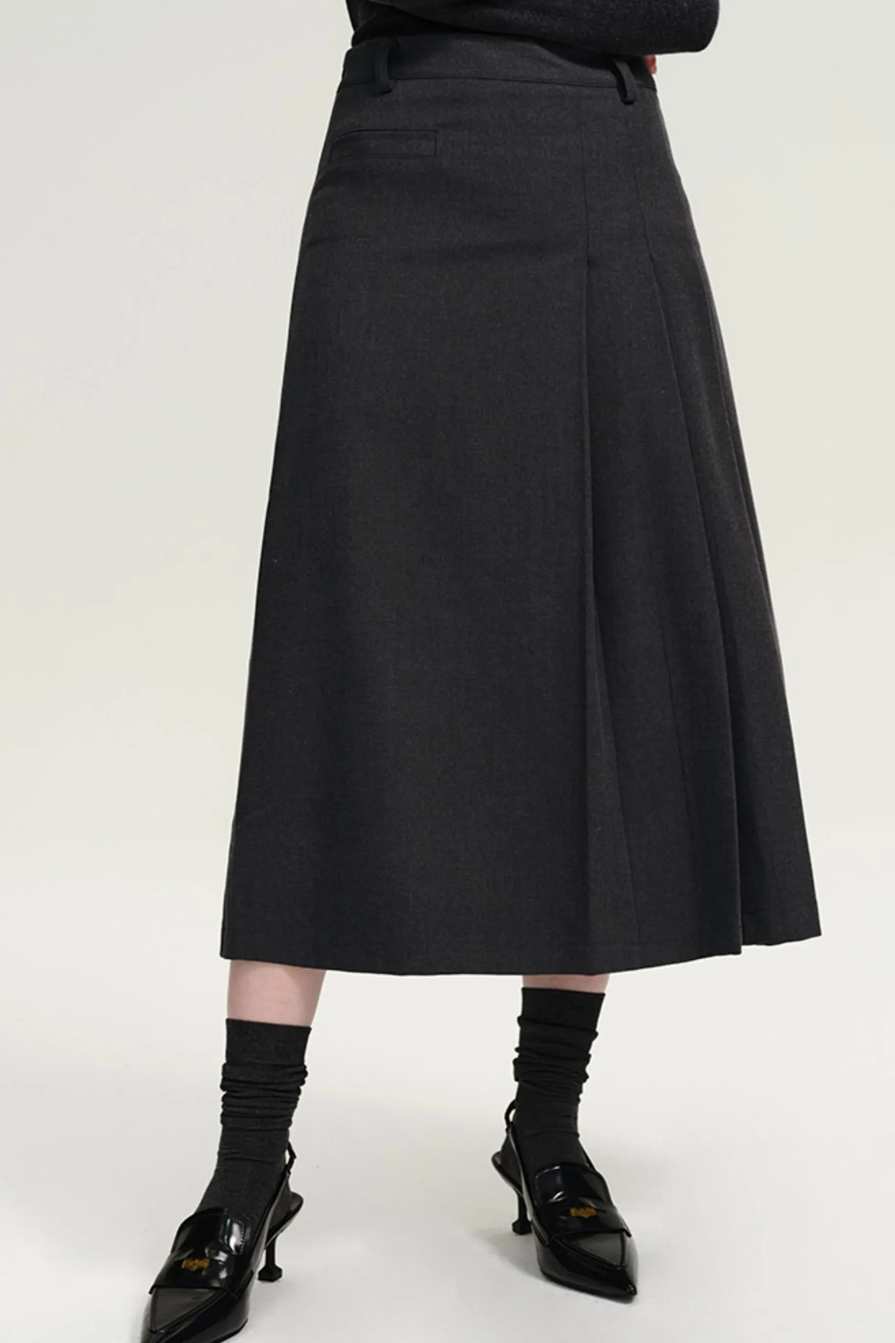 French Woolen High-Waisted Pleated Skirt