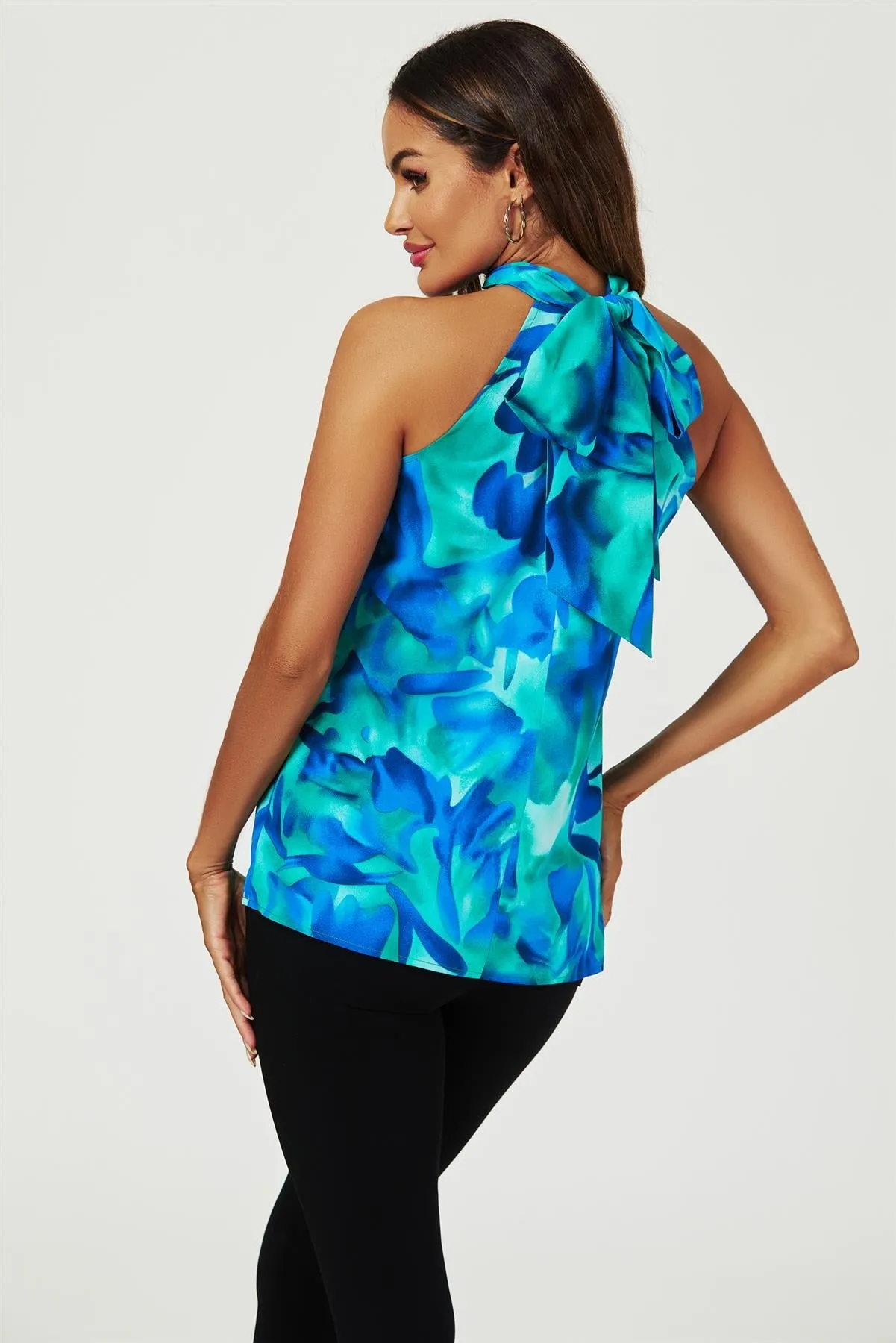 FS Collection Abstract Floral Print Halter Neck Tie Back Top In Blue