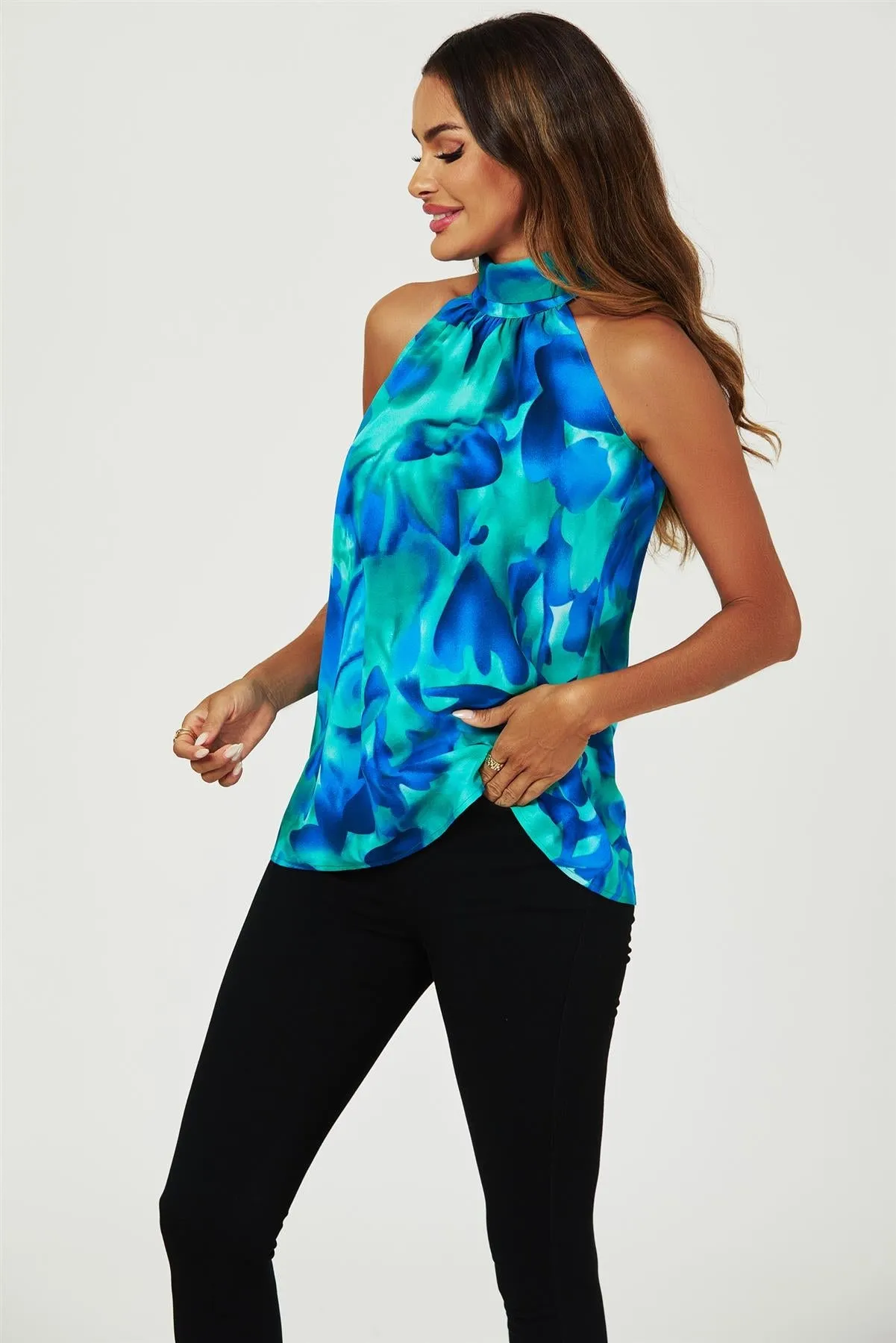 FS Collection Abstract Floral Print Halter Neck Tie Back Top In Blue