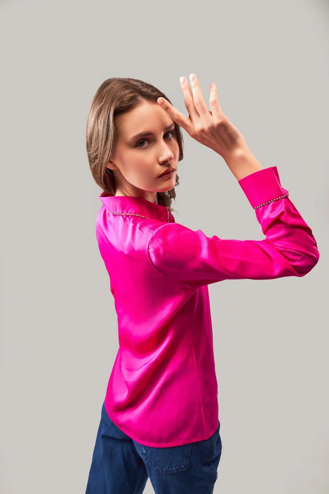 FUCHSIA PINK SATIN SHIRT WITH RHINESTONE ACCENTS