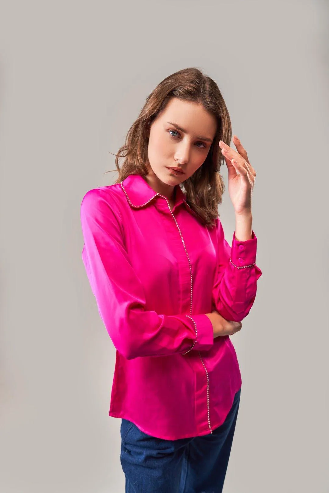 FUCHSIA PINK SATIN SHIRT WITH RHINESTONE ACCENTS