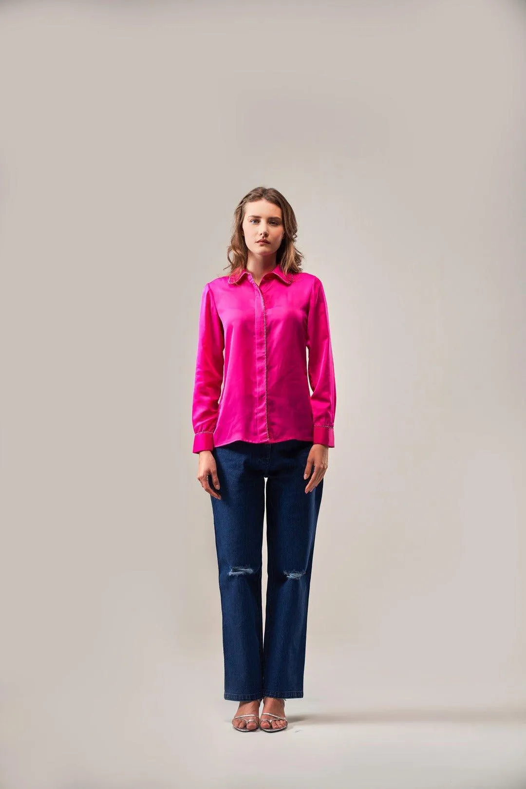 FUCHSIA PINK SATIN SHIRT WITH RHINESTONE ACCENTS