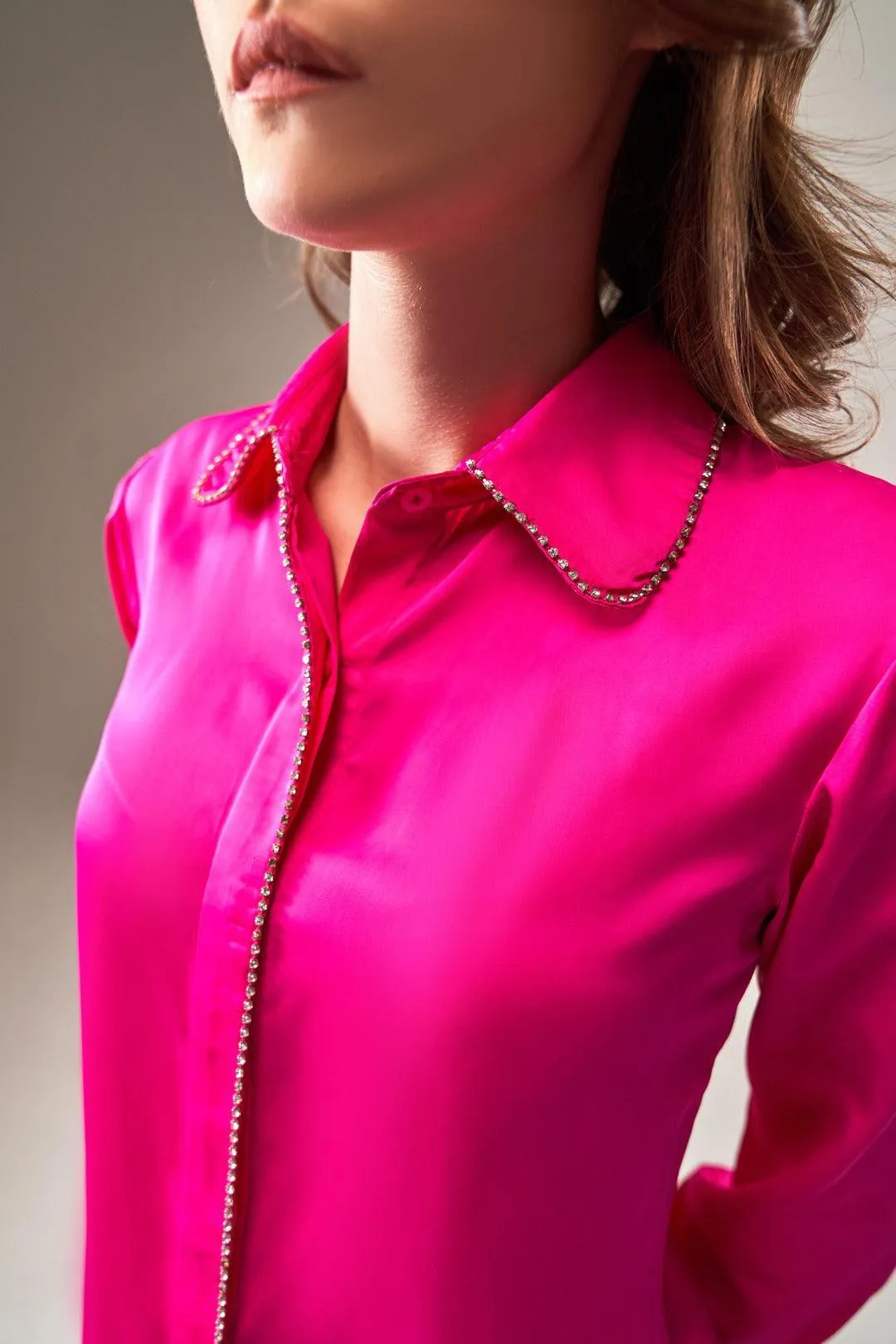 FUCHSIA PINK SATIN SHIRT WITH RHINESTONE ACCENTS