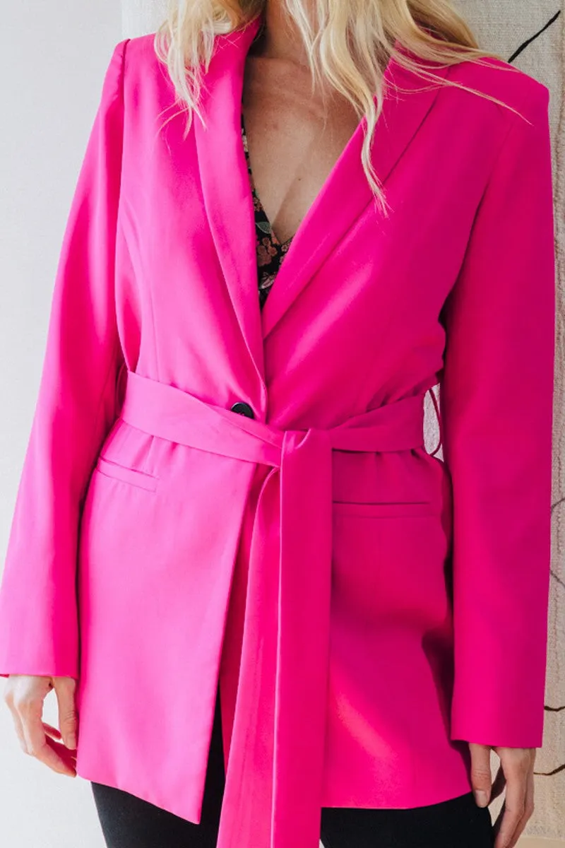 Fuchsia Tuxedo Collar Long Belted Blazer