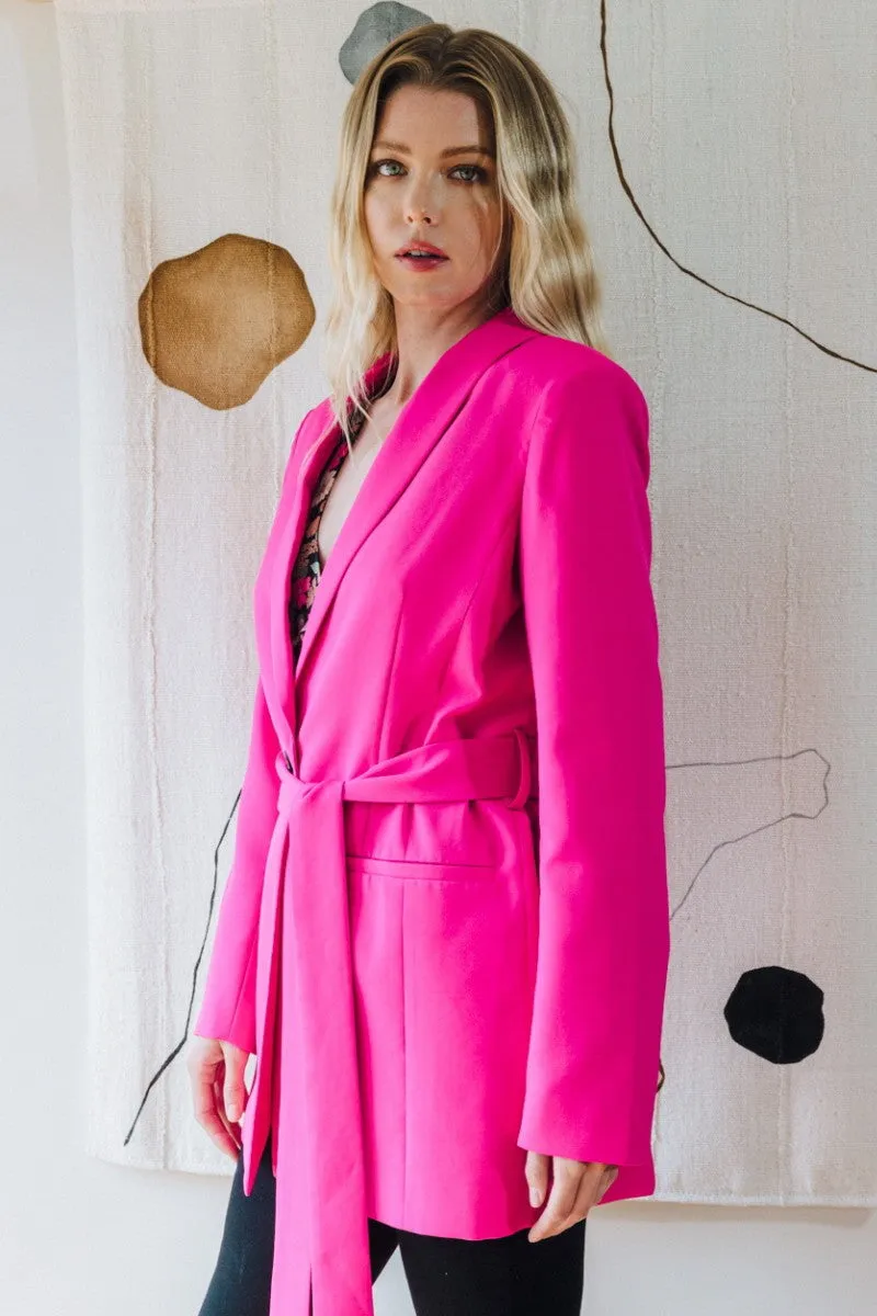 Fuchsia Tuxedo Collar Long Belted Blazer