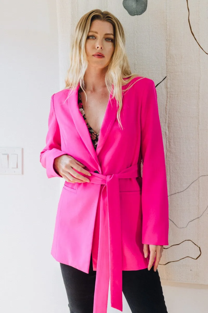 Fuchsia Tuxedo Collar Long Belted Blazer