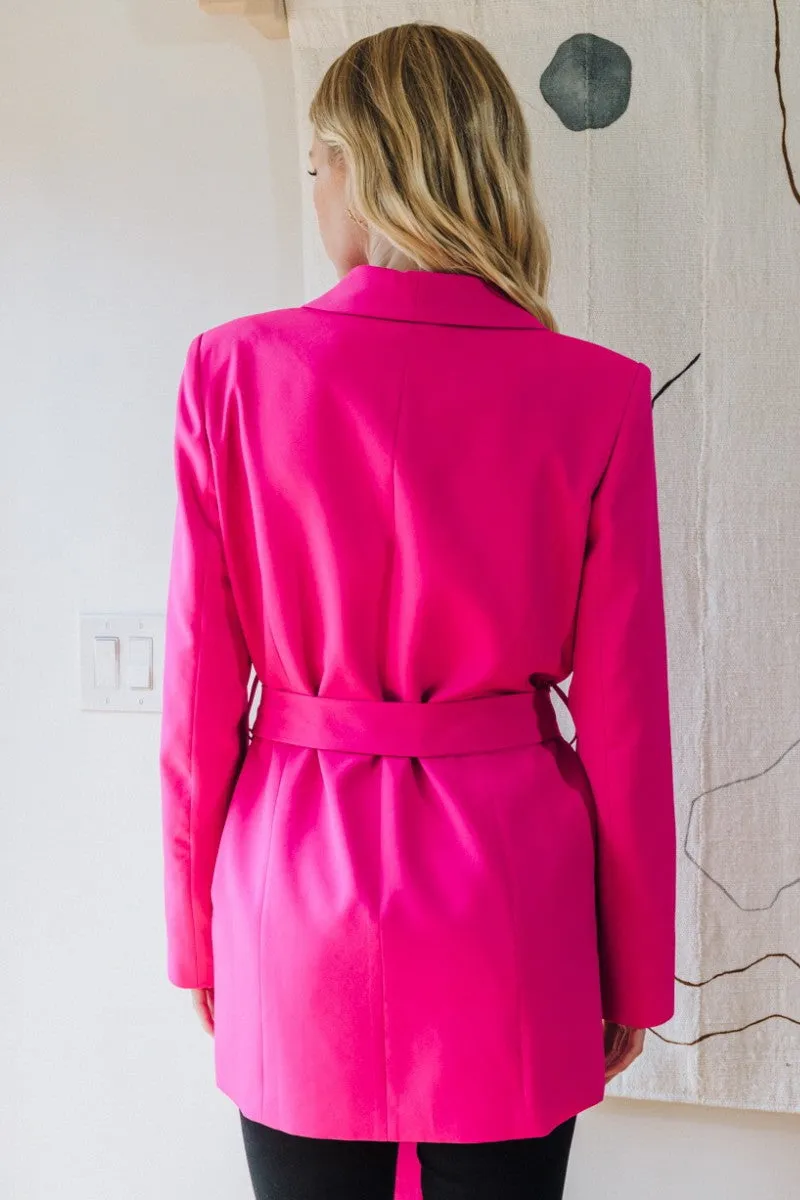 Fuchsia Tuxedo Collar Long Belted Blazer