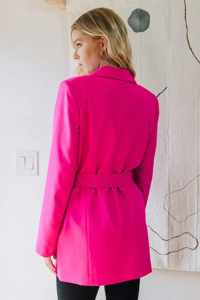 Fuchsia Tuxedo Collar Long Belted Blazer