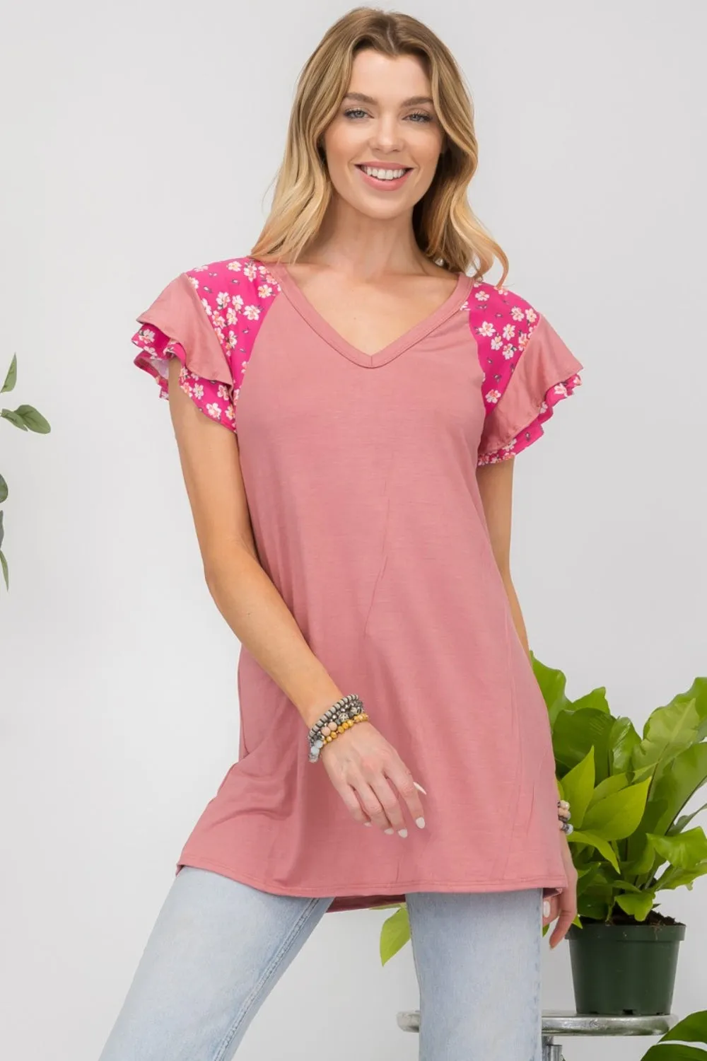 Full Size Floral Contrast Short Sleeve Top