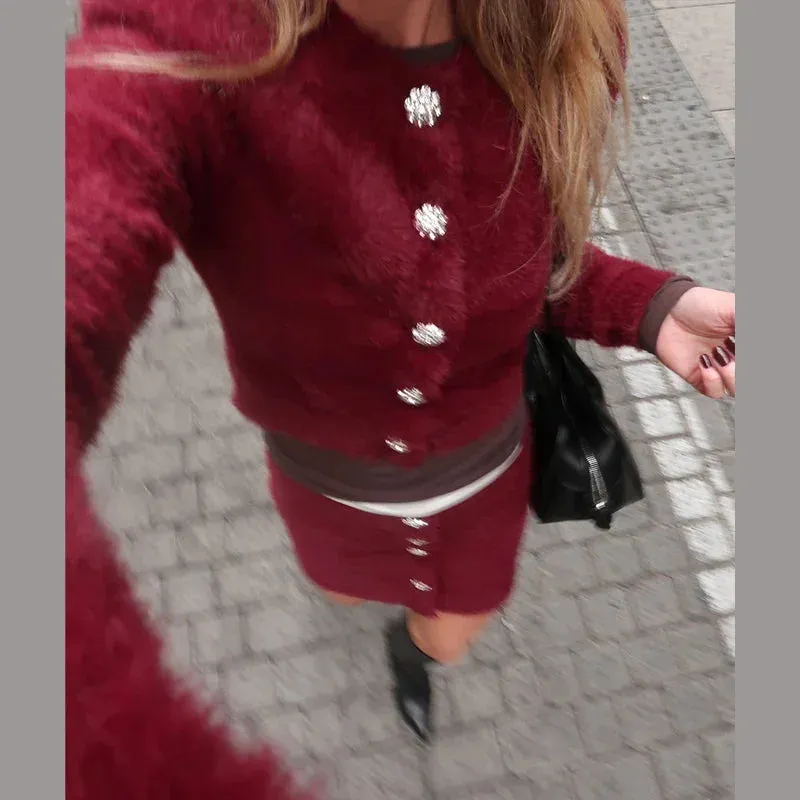 Fur Long Sleeve Coat Straight Mini Skirt Suit