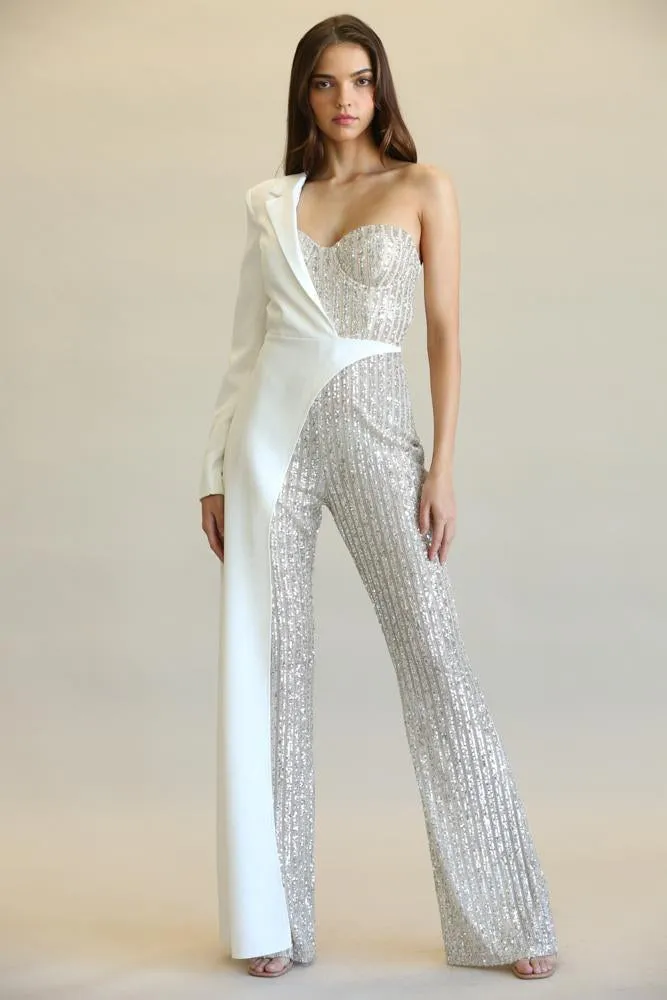 Glamour Fusion: Sequin-Stripe One-Shoulder Jumpsuit with Skirt Detail