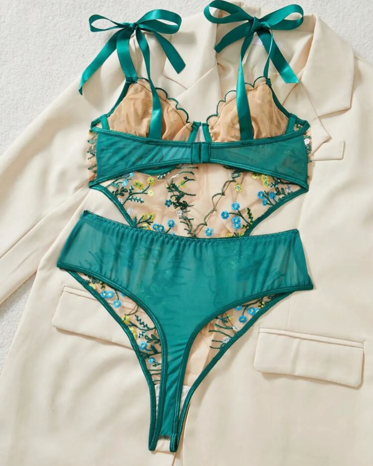 Green Floral Bodysuit Lingerie