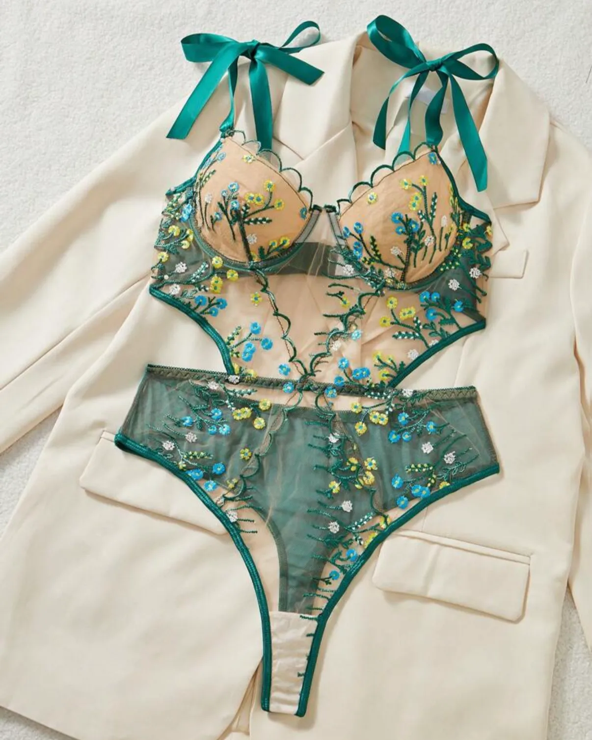 Green Floral Bodysuit Lingerie