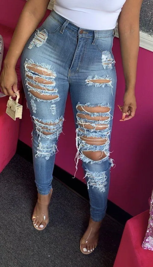 High Waist Ripped Jeans - Women's Pants