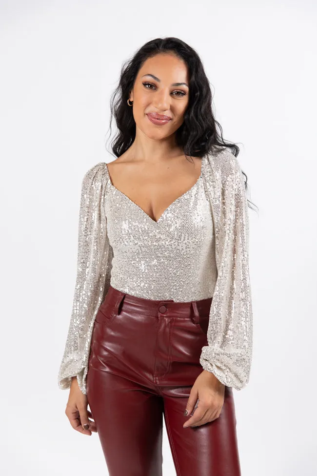 Holiday Toast Champagne Puff Sleeve Sequin Bodysuit FINAL SALE