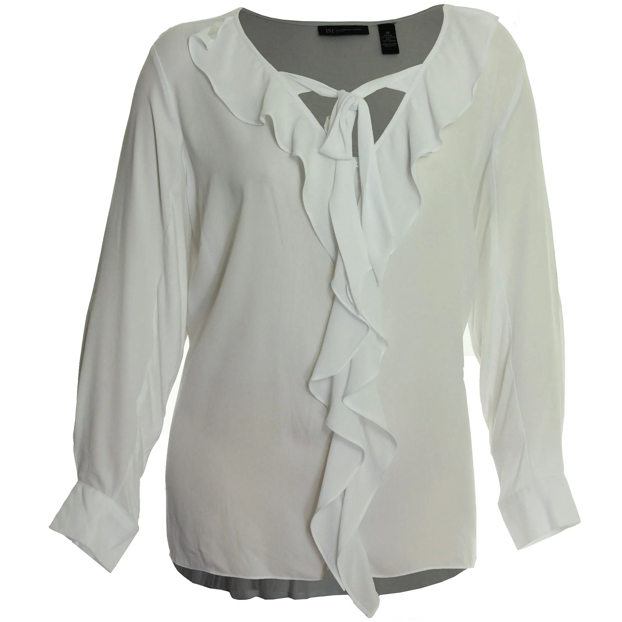 INC White Long Sleeve Ruffle / Tie Front Blouse