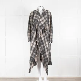 Isabel Marant Etoile Fringed Black And Grey Check Wool Blend Coat