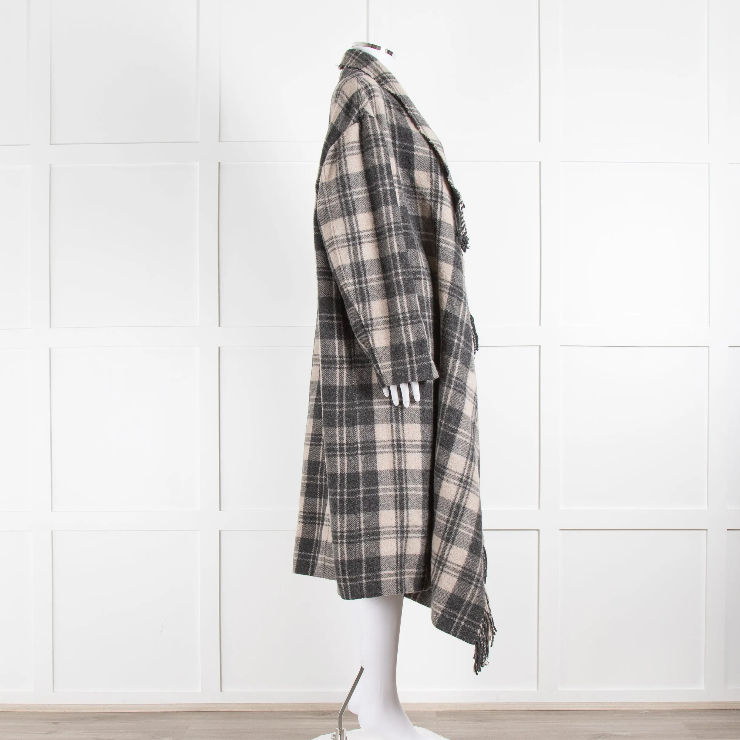 Isabel Marant Etoile Fringed Black And Grey Check Wool Blend Coat