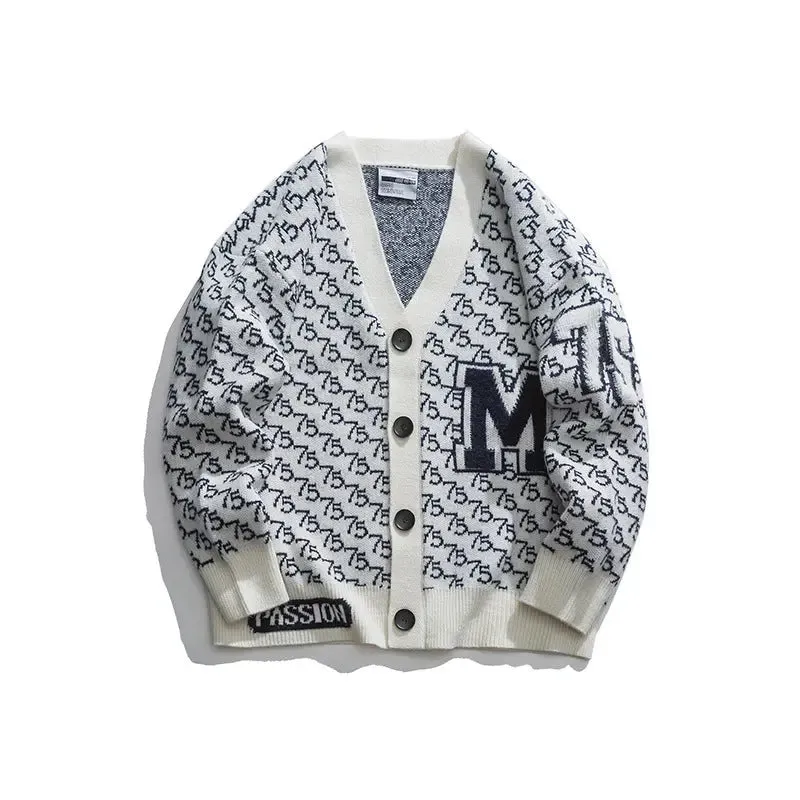 Jacquard Letter V-Neck Cardigan Sweater