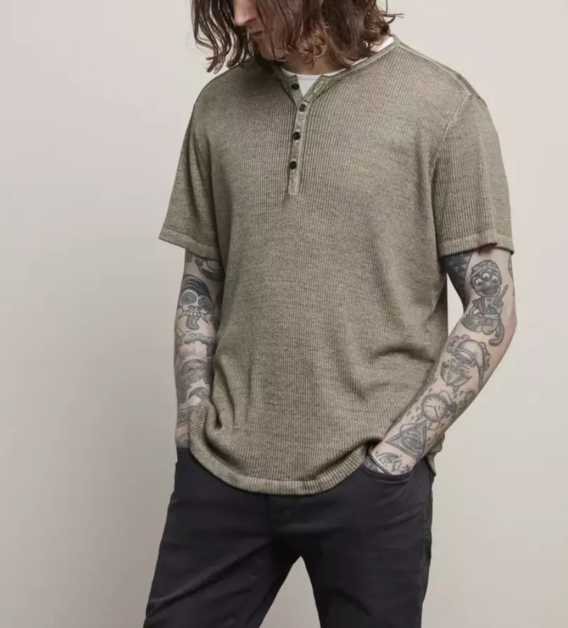 John Varvatos MEN Slim Fit Ribbed Henley Burn Out Tee