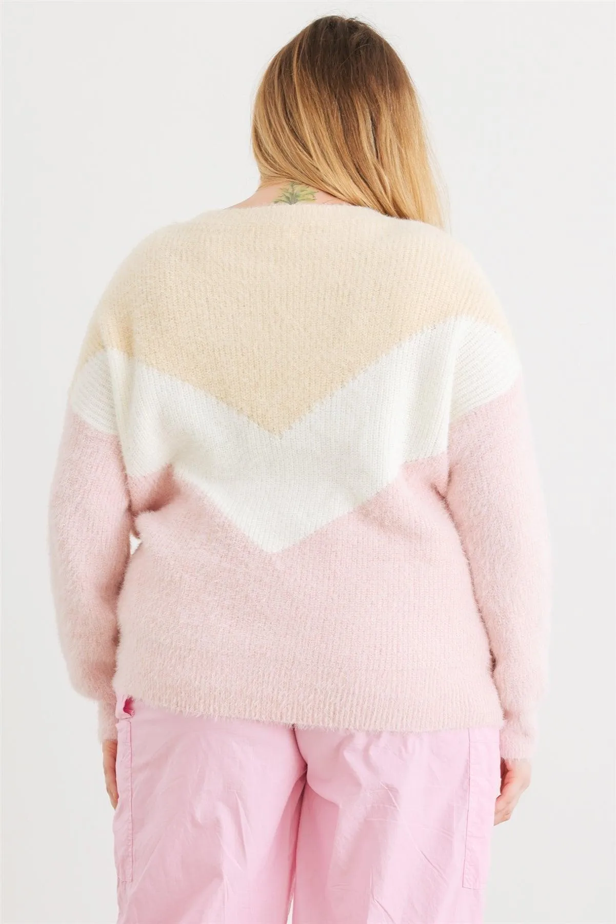 Junior Plus Cream Ivory Blush Colorblock Fuzzy Knit Long Sleeve Sweater /3-2-1