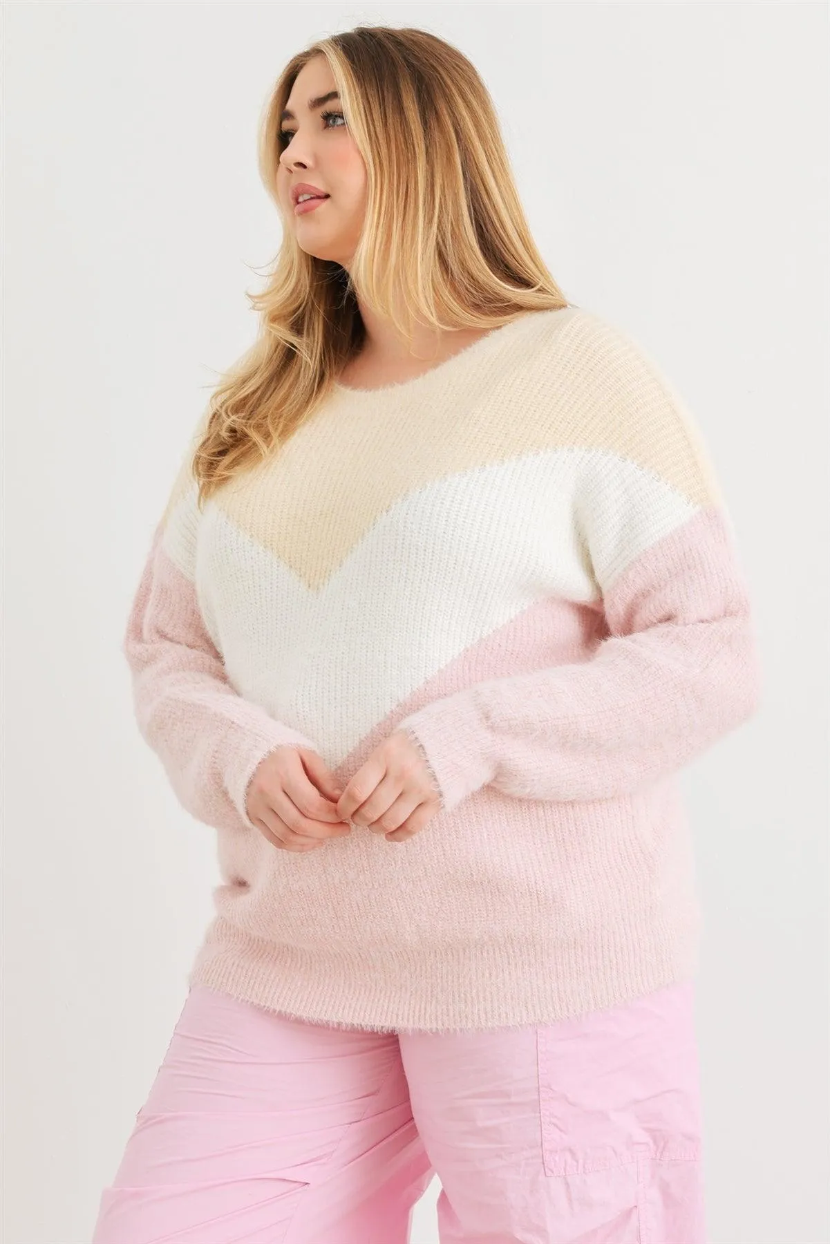 Junior Plus Cream Ivory Blush Colorblock Fuzzy Knit Long Sleeve Sweater /3-2-1