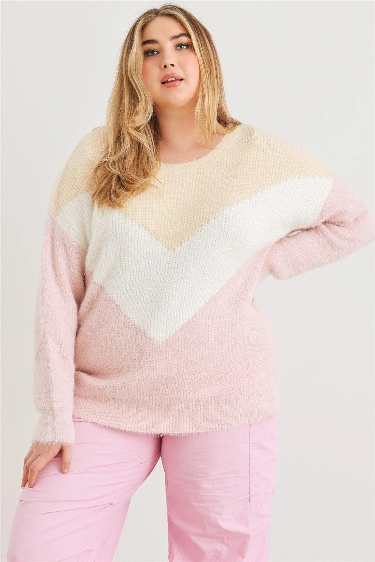 Junior Plus Cream Ivory Blush Colorblock Fuzzy Knit Long Sleeve Sweater /3-2-1