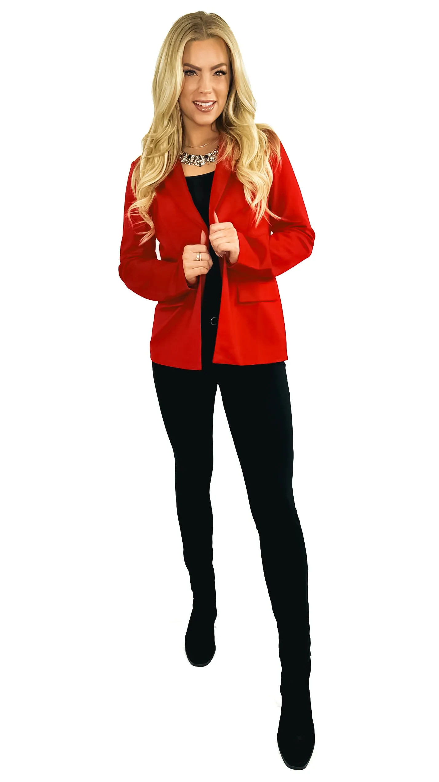 Kyle Knit Long Sleeve Pocket Blazer- Scarlet Red