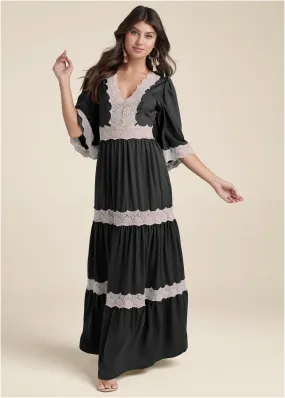 Lace Detail Maxi Dress - Black Multi