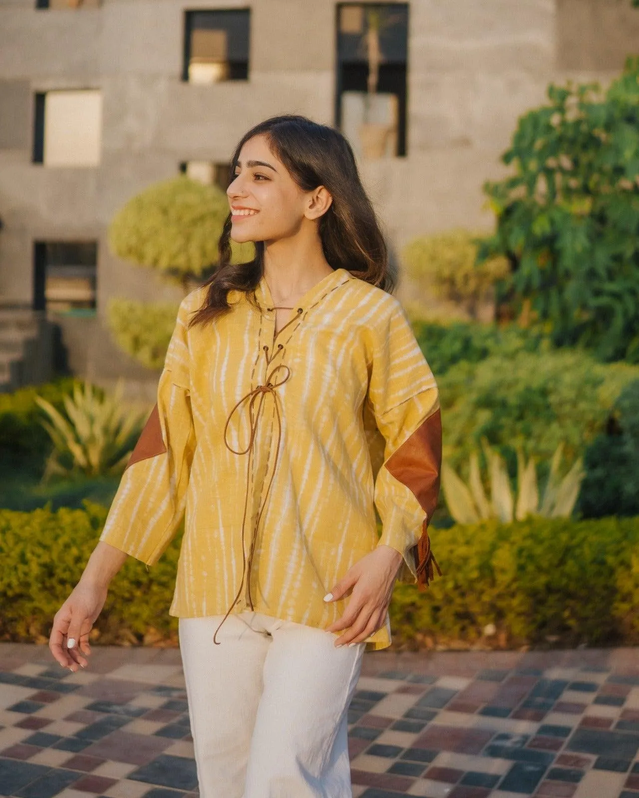 Lemon Yellow Handmade Cardigan with Brown Leather Accents