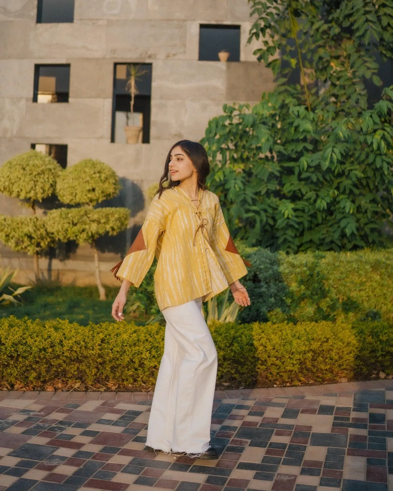 Lemon Yellow Handmade Cardigan with Brown Leather Accents