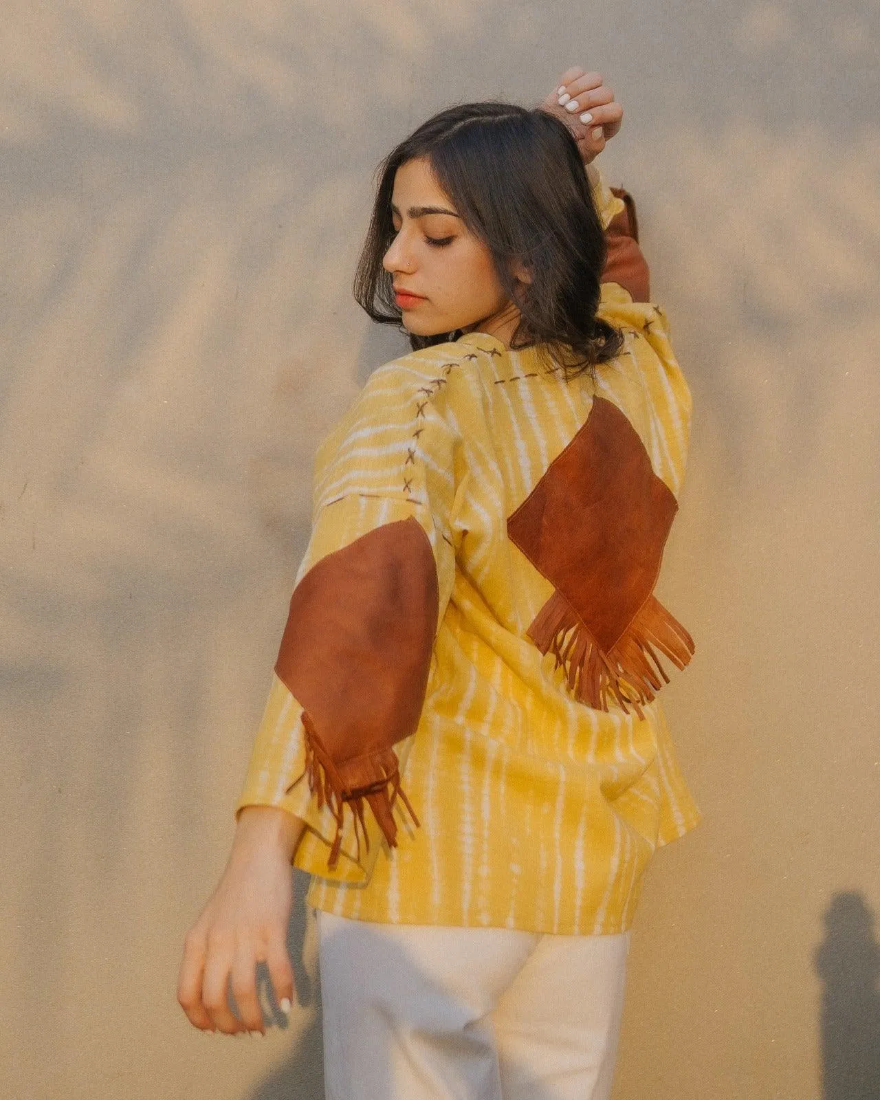 Lemon Yellow Handmade Cardigan with Brown Leather Accents