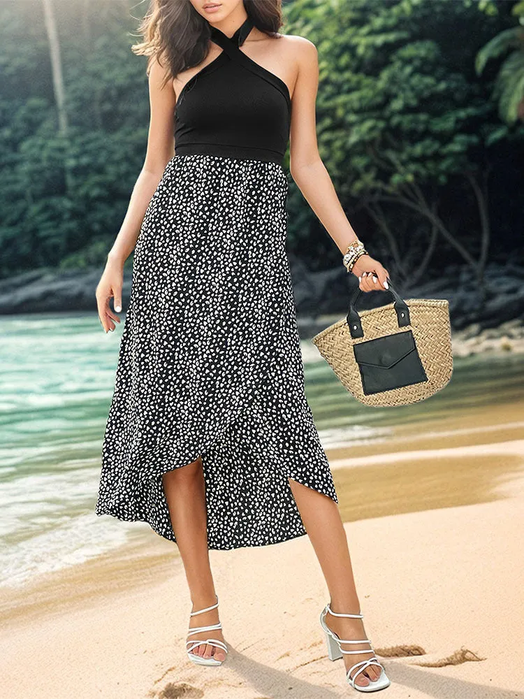 Leopard Print Halter Neck Irregular Split Maxi Dress