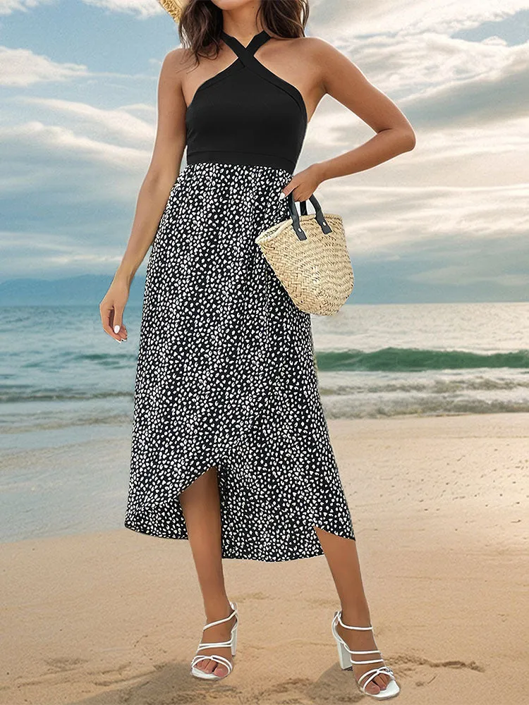 Leopard Print Halter Neck Irregular Split Maxi Dress