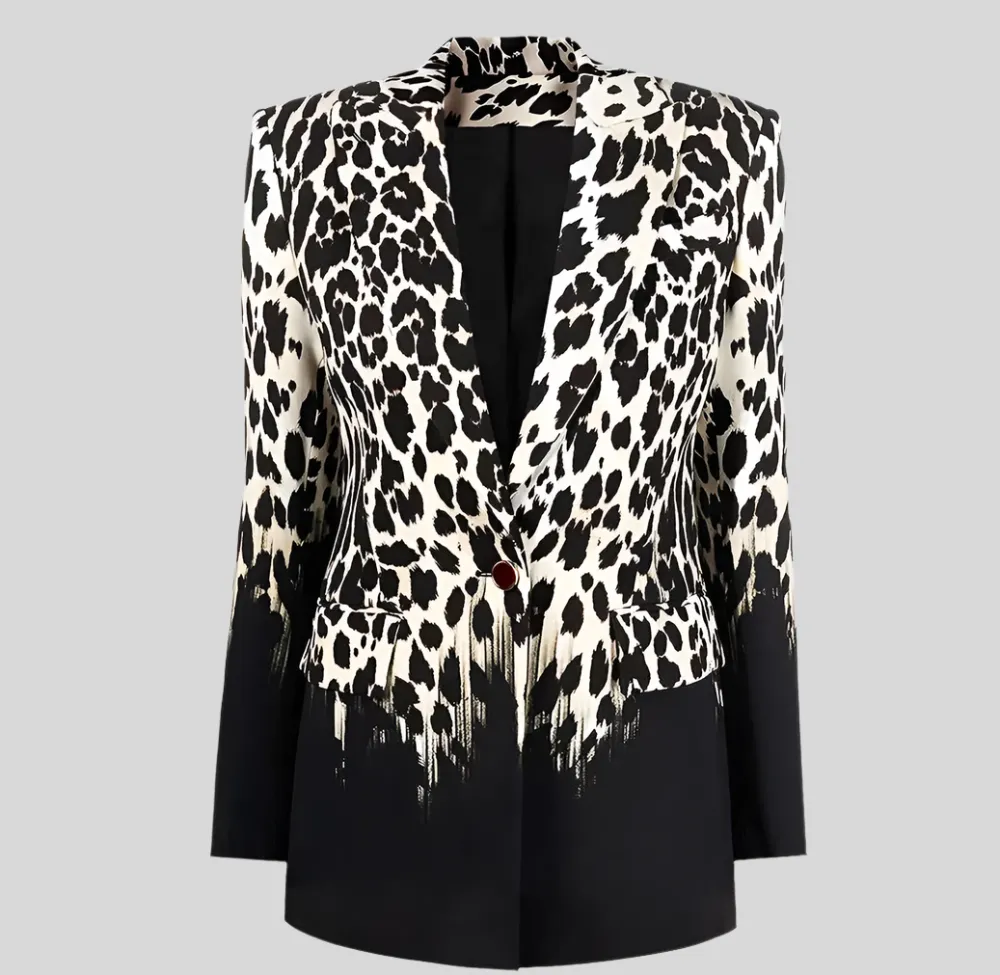 Leopard Printing Chic Notched Collar Long Sleeve Patchwork Single Button Blazer