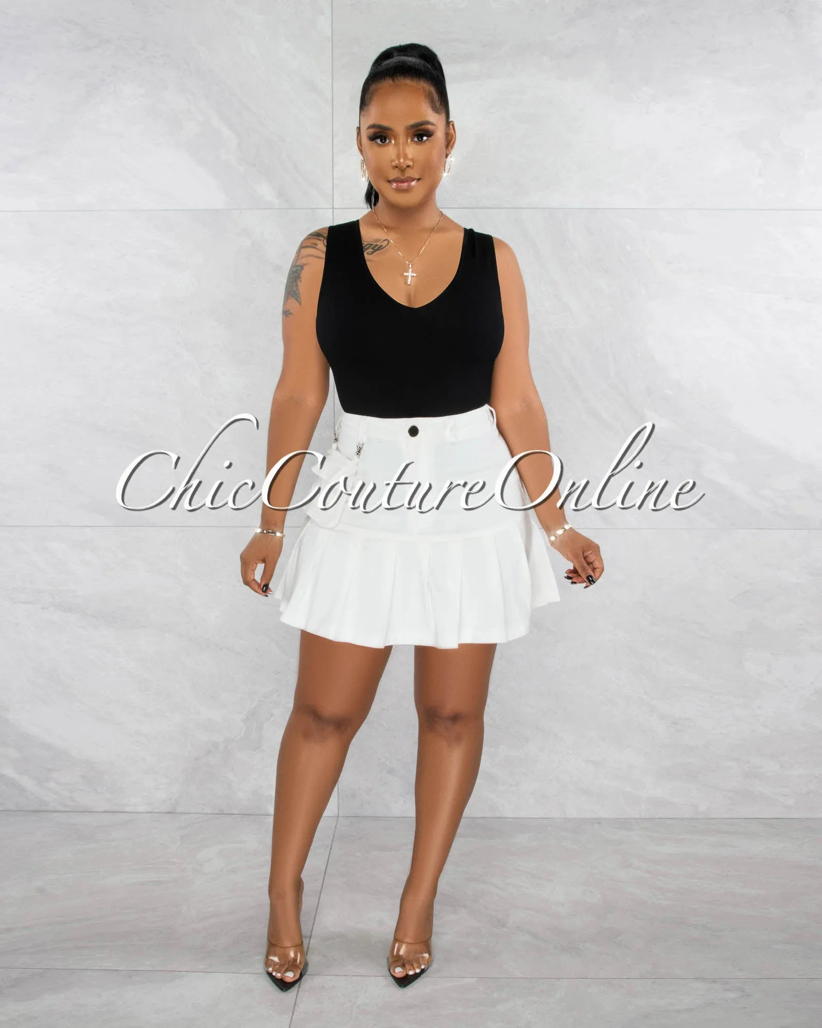 Lewina Off-White Pleated Denin Fanny Pack Skirt