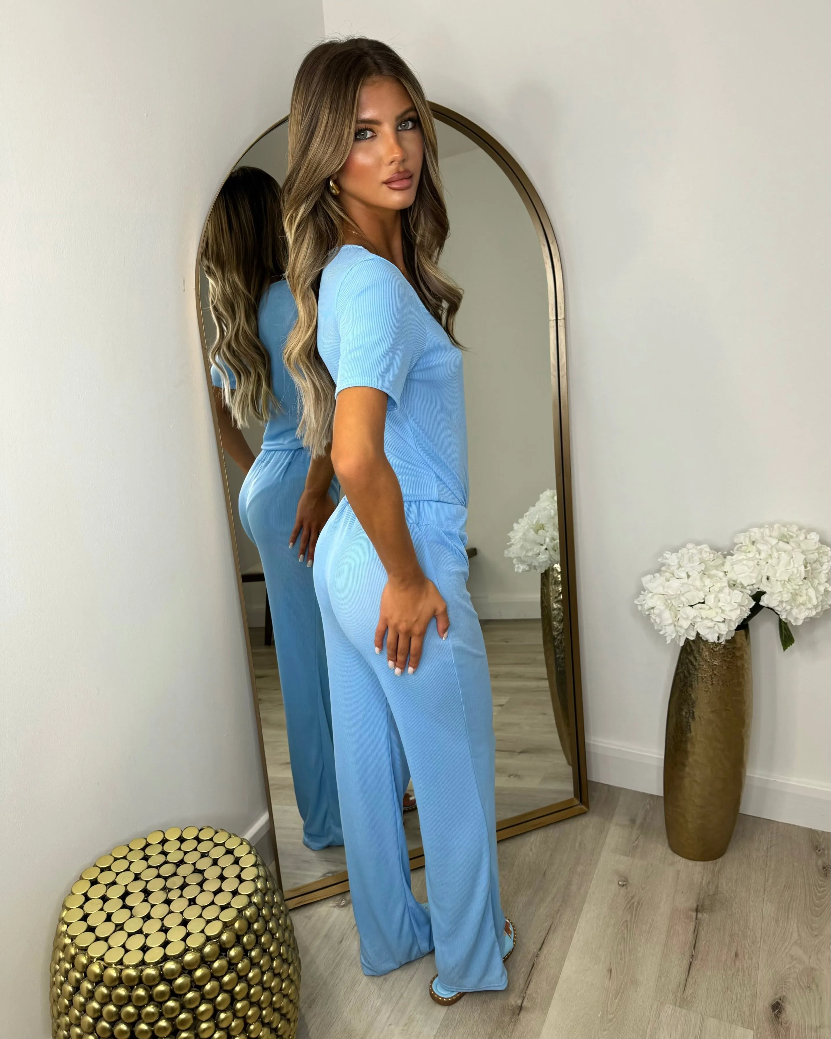 Libby Ribbed Bodysuit & Wide Leg Trousers - Sky Blue