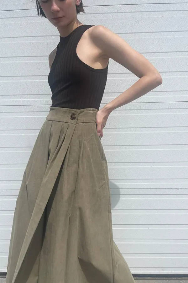 Long Corduroy Skirt in Khaki