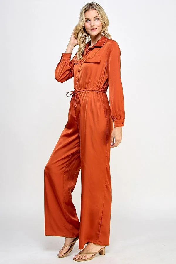 Long Sleeve Jumpsuit With Waist Drawstring