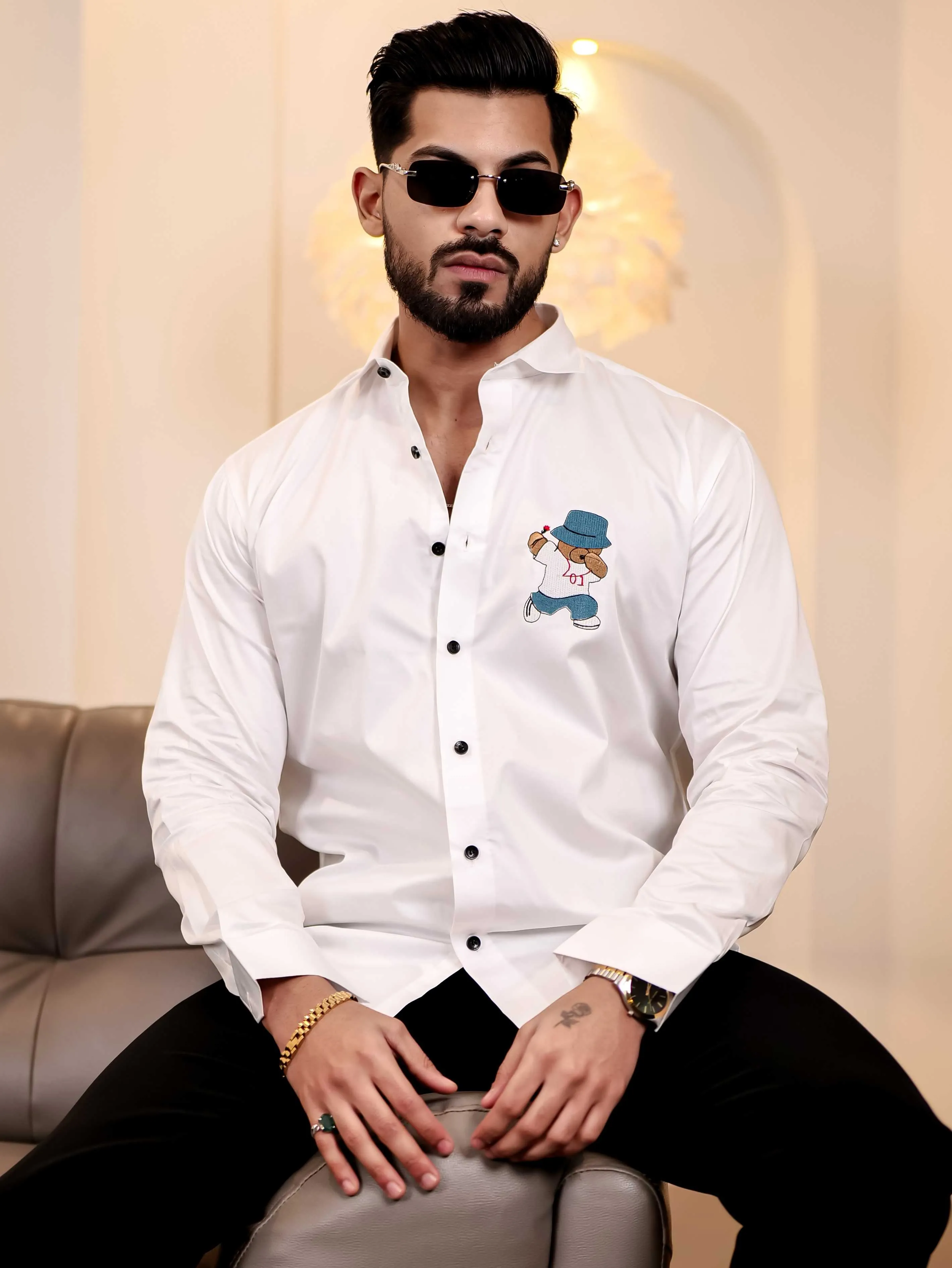 Love Teddy White Embroidered Club Wear Satin Cotton Shirt