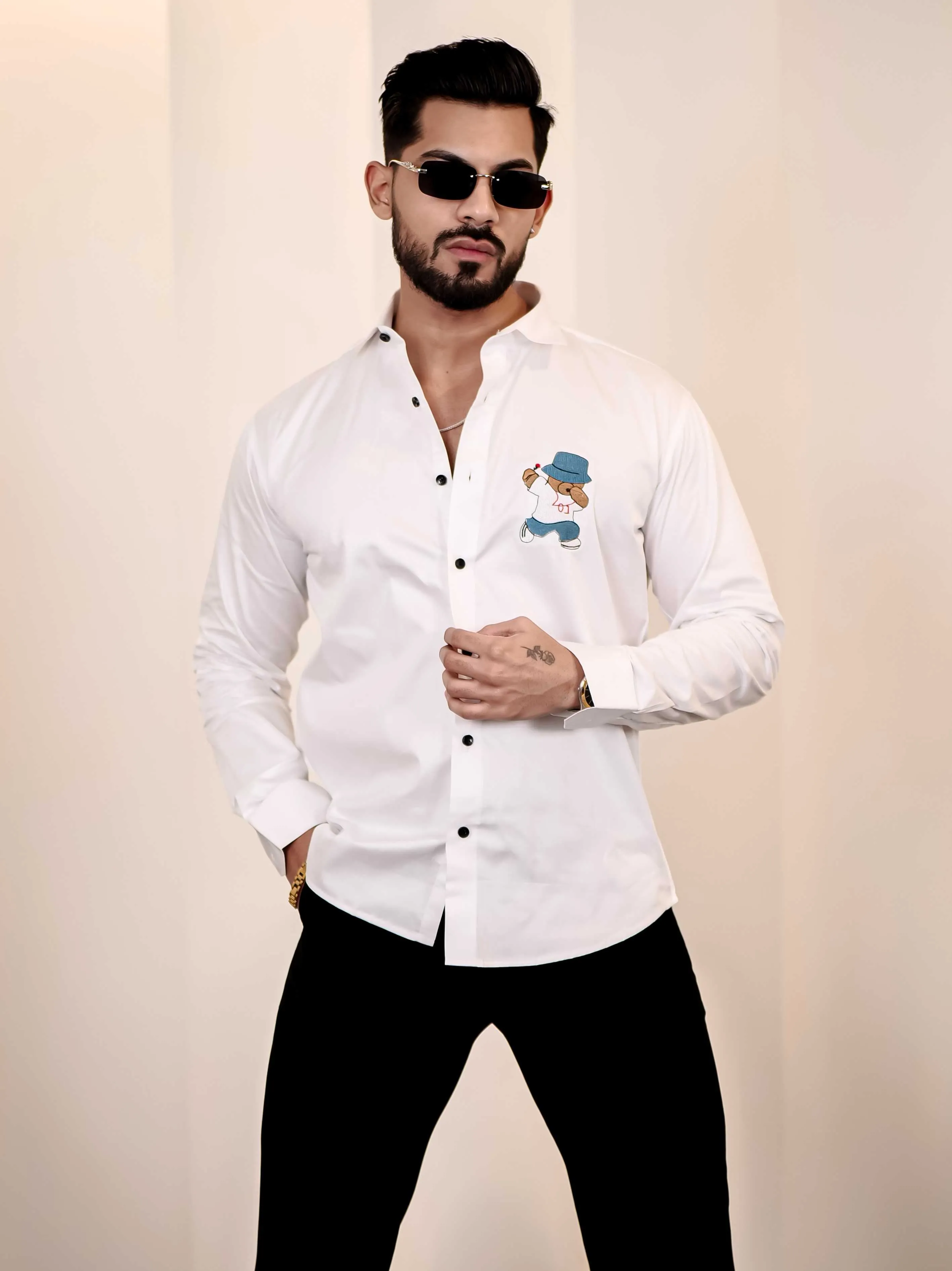 Love Teddy White Embroidered Club Wear Satin Cotton Shirt