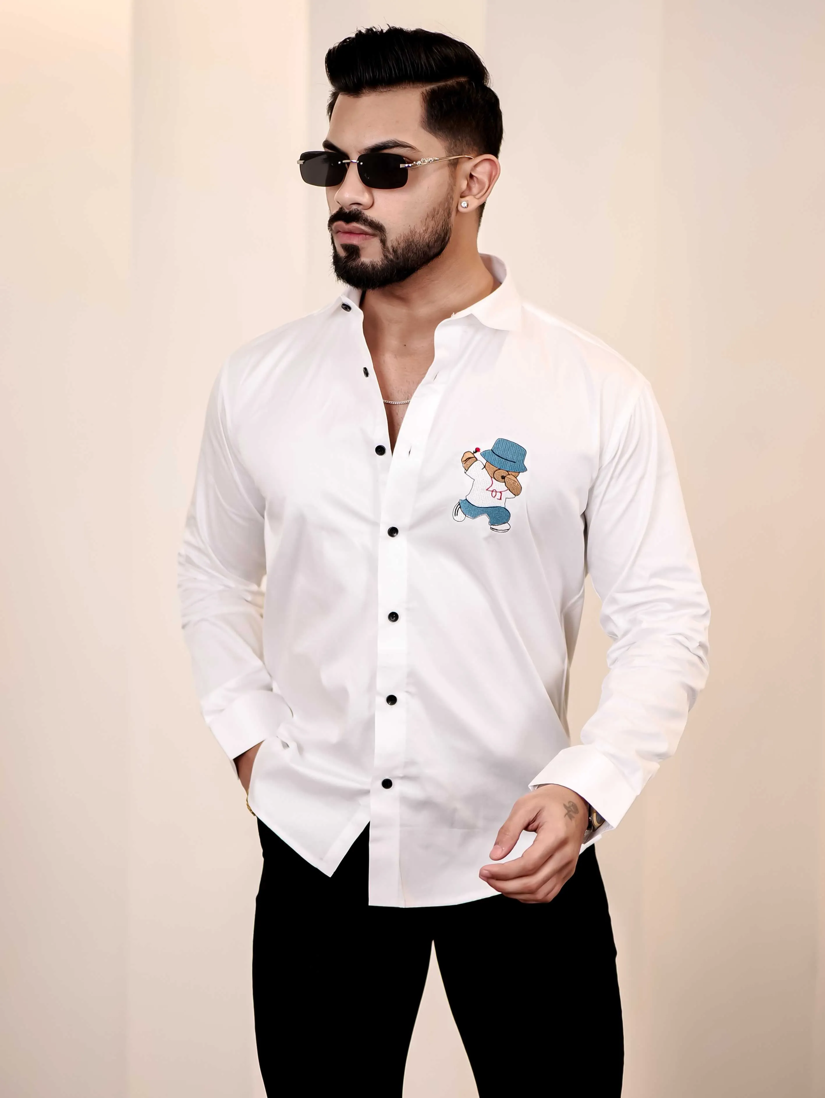 Love Teddy White Embroidered Club Wear Satin Cotton Shirt