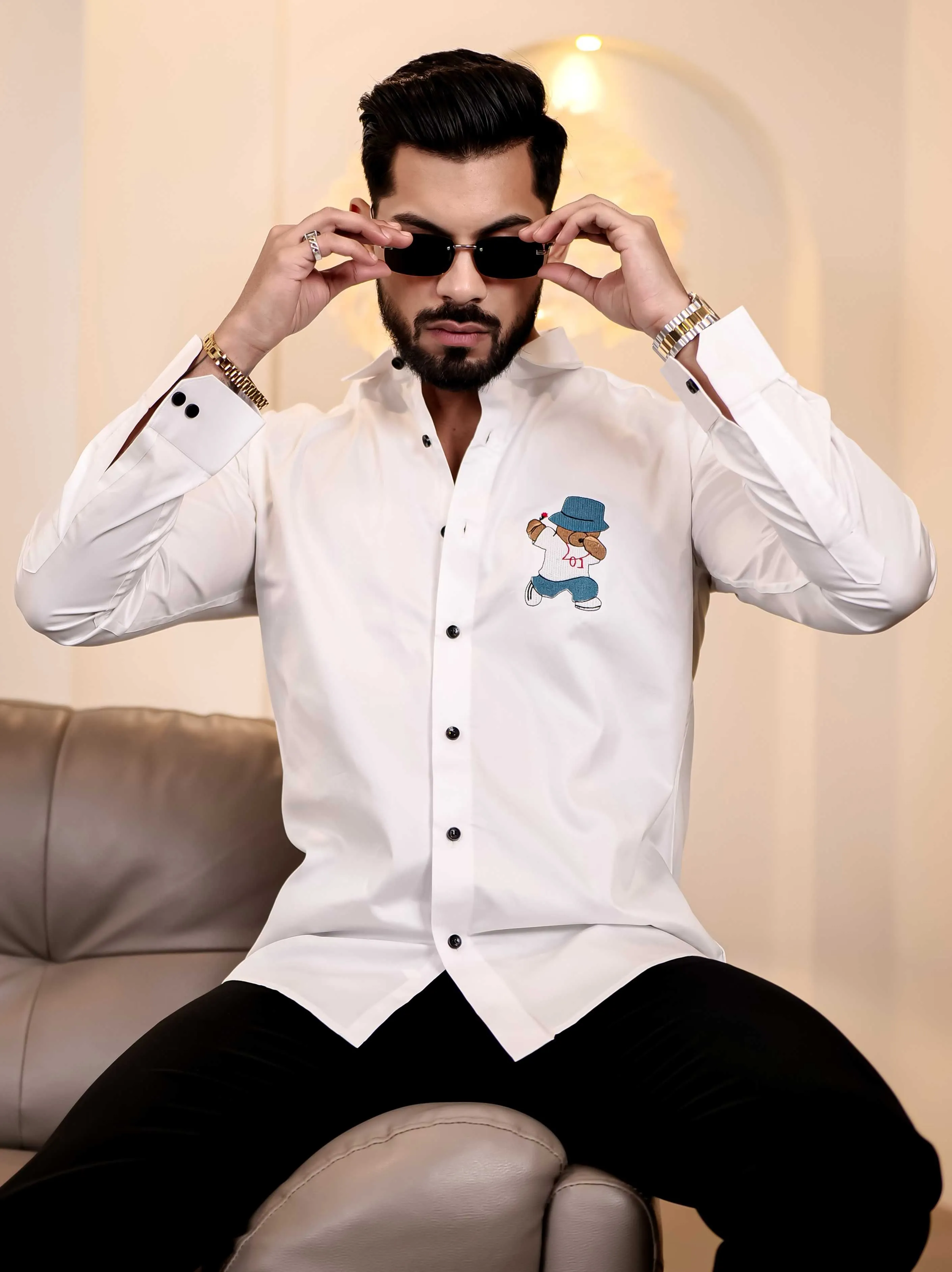 Love Teddy White Embroidered Club Wear Satin Cotton Shirt