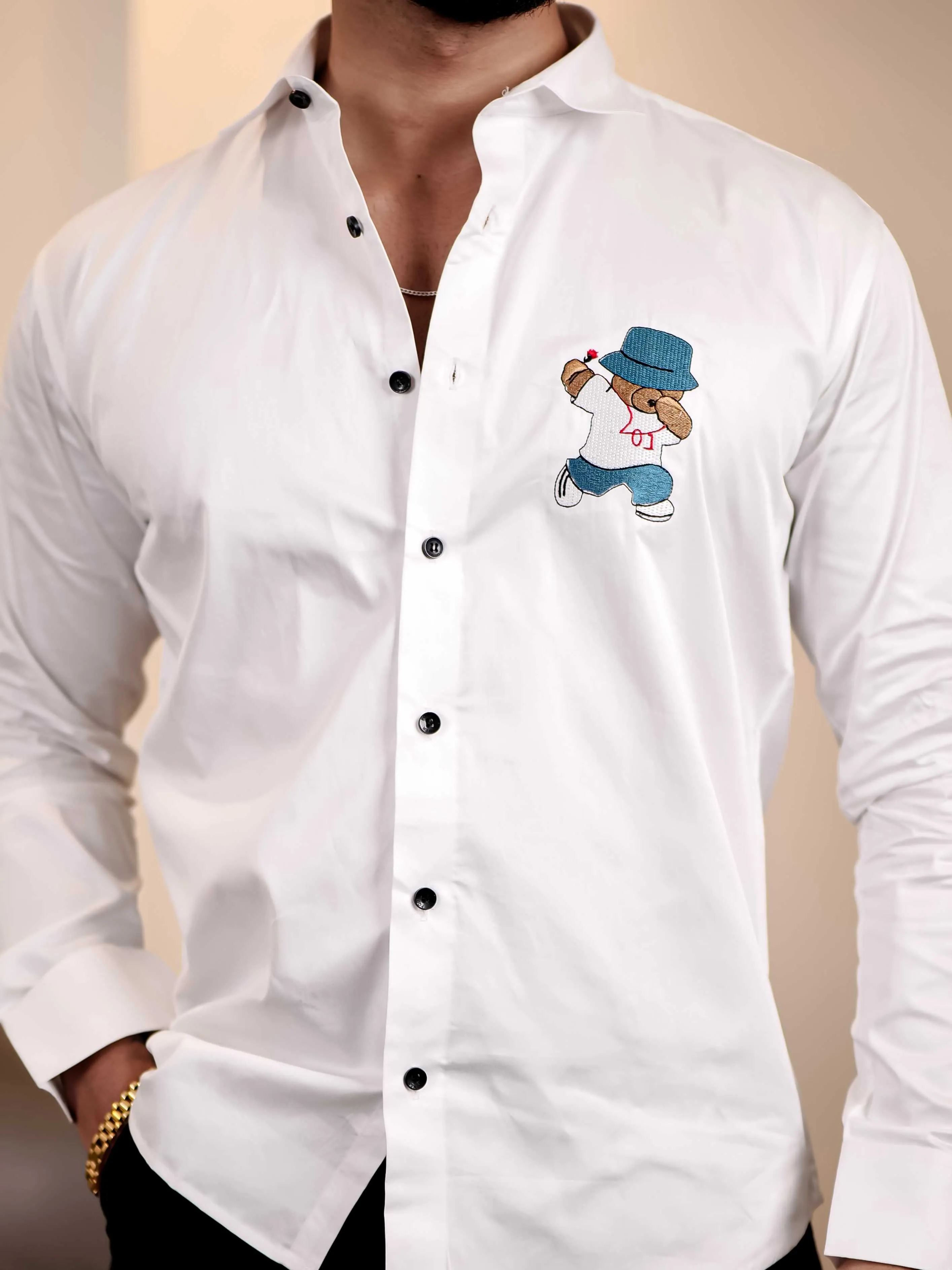 Love Teddy White Embroidered Club Wear Satin Cotton Shirt