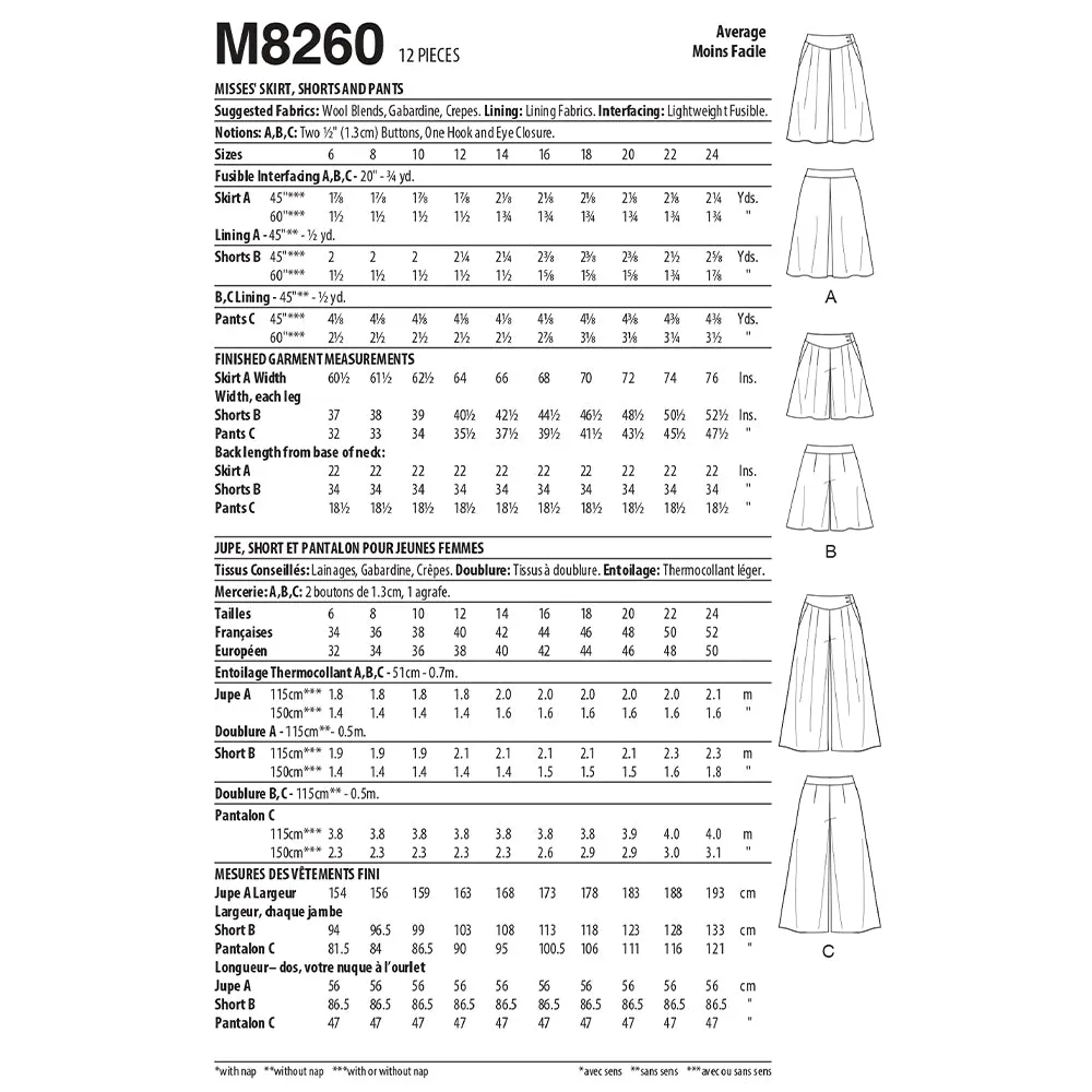 M8260 Misses' Skirt, Shorts and Pants