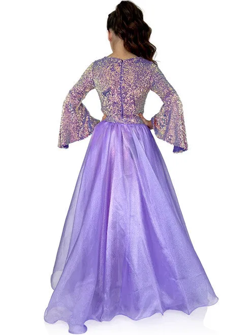 Marc Defang 8004k Kids Size 6 Iridescent Purple Jumpsuit Sequin Bell Sleeve Pageant Overskirt Fun Fashion