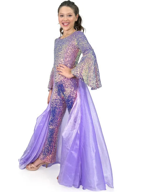 Marc Defang 8004k Kids Size 6 Iridescent Purple Jumpsuit Sequin Bell Sleeve Pageant Overskirt Fun Fashion