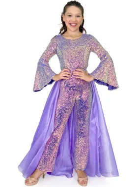 Marc Defang 8004k Kids Size 6 Iridescent Purple Jumpsuit Sequin Bell Sleeve Pageant Overskirt Fun Fashion