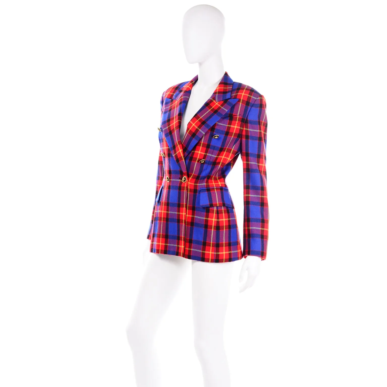 Margaretha Ley for Escada Vintage Red & Blue Wool Plaid Blazer Jacket